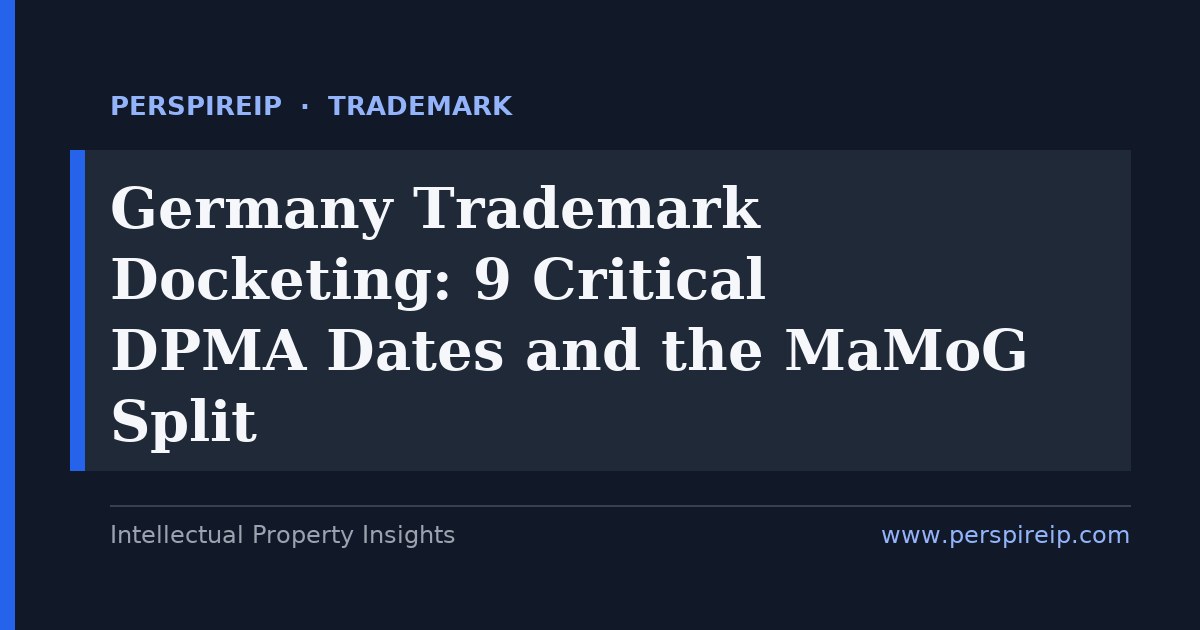 Germany trademark docketing calendar showing the three-month DPMA opposition window that opens after registration and the ten-year renewal anchor