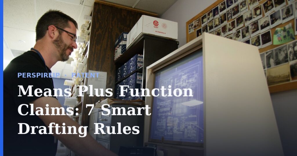 Patent attorney drafting means plus function claims at a desk