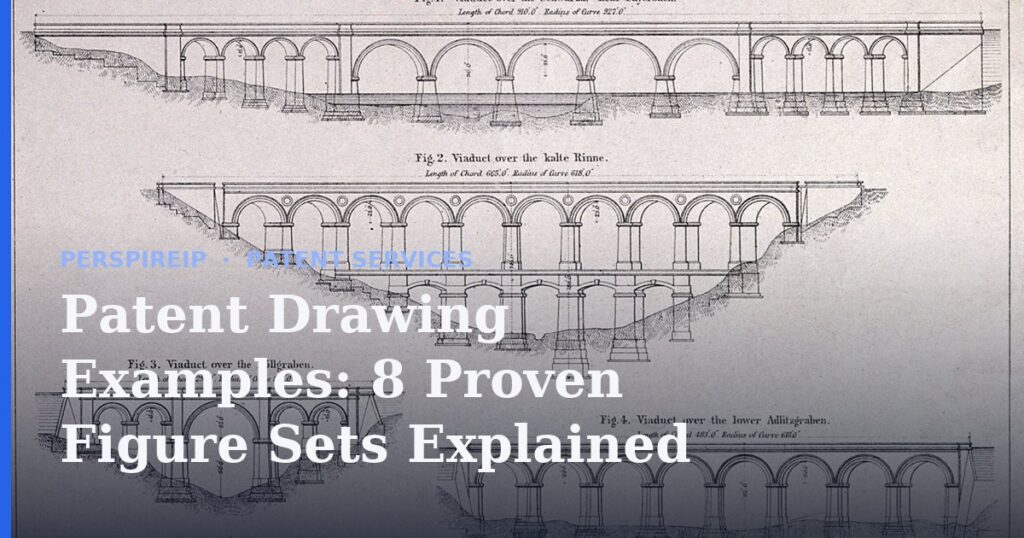 Patent drawing examples laid out on a drafting desk for review