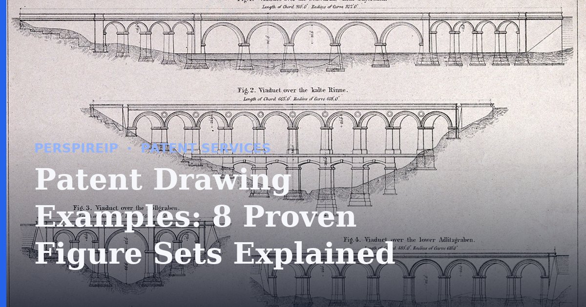 Patent drawing examples laid out on a drafting desk for review