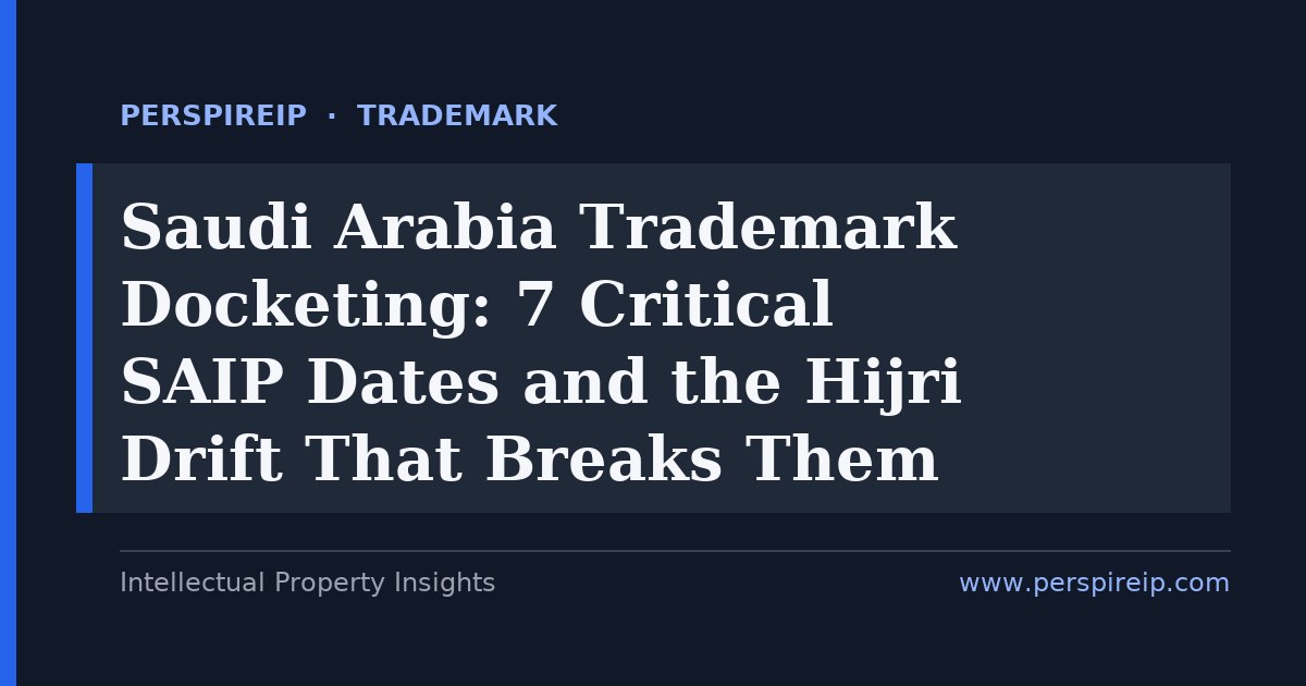 Saudi Arabia trademark docketing calendar comparing the ten Hijri year SAIP term from the filing date against a Gregorian ten-year renewal cycle