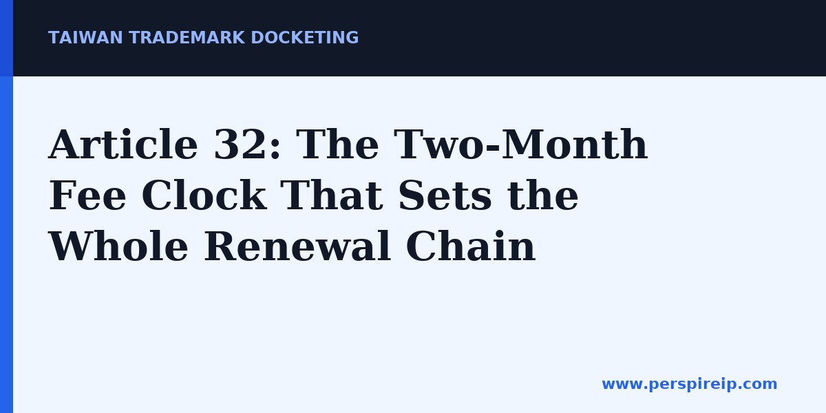 Article 32: The Two-Month Fee Clock That Sets the Whole Renewal Chain — Taiwan trademark docketing