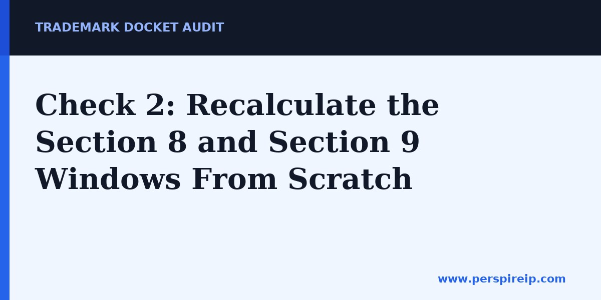 Trademark docket audit worksheet showing Section 8 and Section 9 maintenance windows