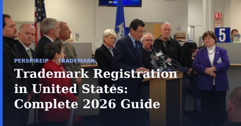 Trademark registration in United States USPTO application on a desk