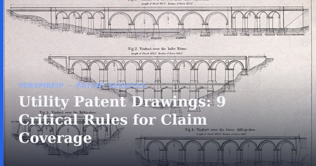 utility patent drawings on an engineering drafting table