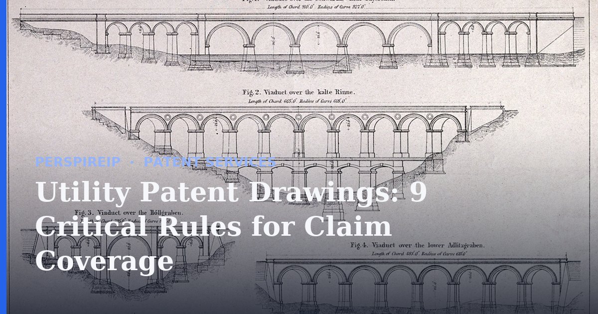 utility patent drawings on an engineering drafting table